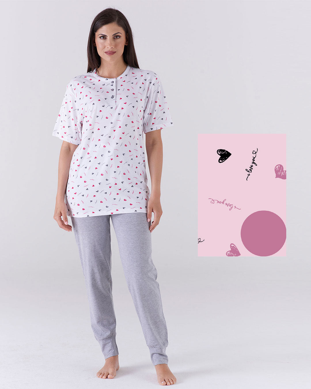 Pigiama donna top manica corta e pantalone lungo - fantasia "love you"