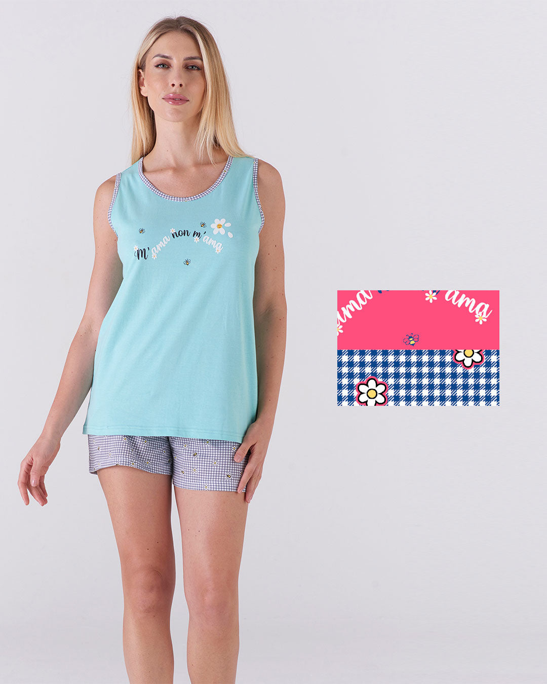 Pigiama donna top a giromanica e pantalone corto - "m'ama non m'ama"