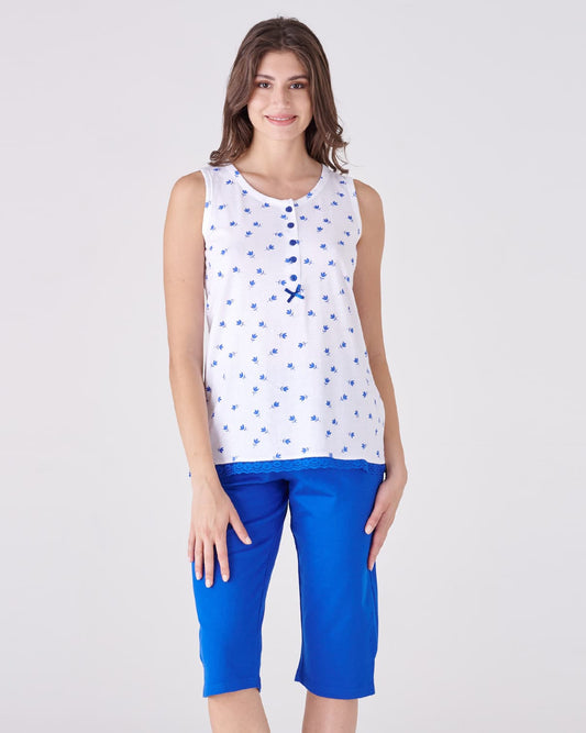 Pigiama donna top giromanica e pantalone pinocchietto - fantasia fiori blu