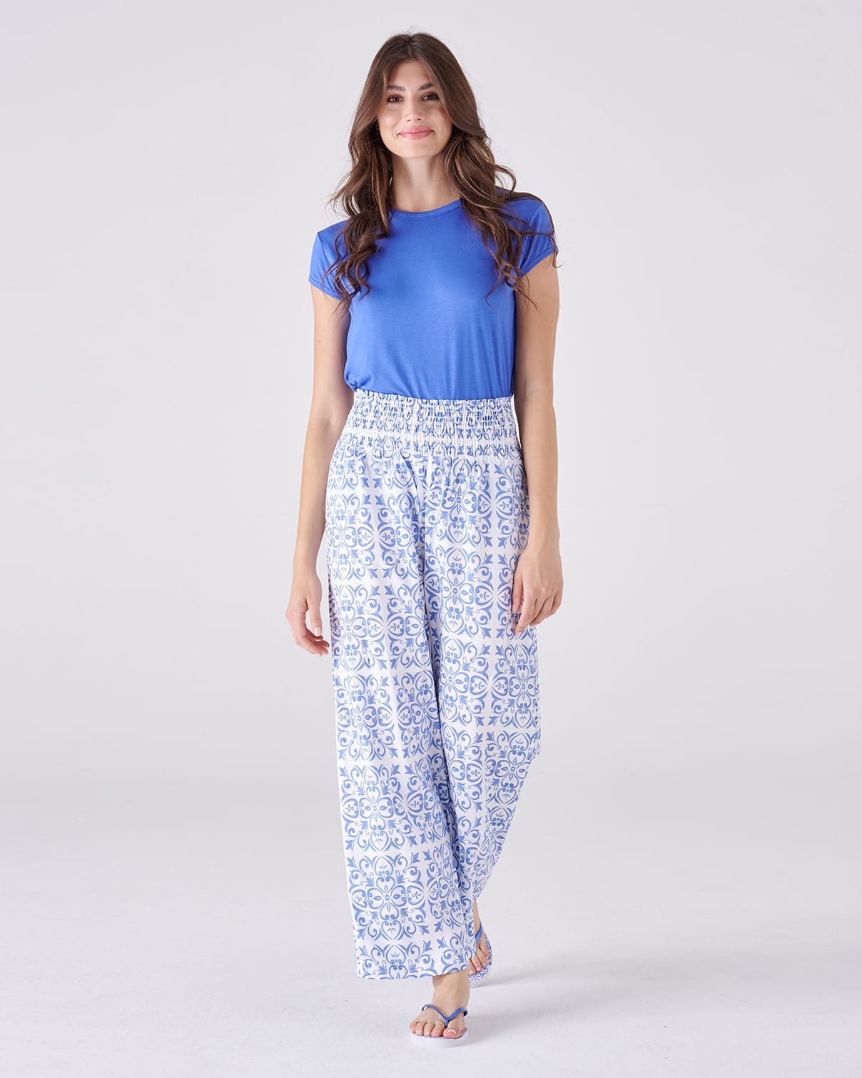 Pigiama donna top manica corta e pantalone lungo palazzo - fantasia maioliche