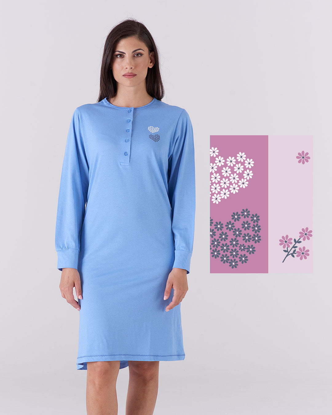 Camicia da notte manica lunga - cuori floreali