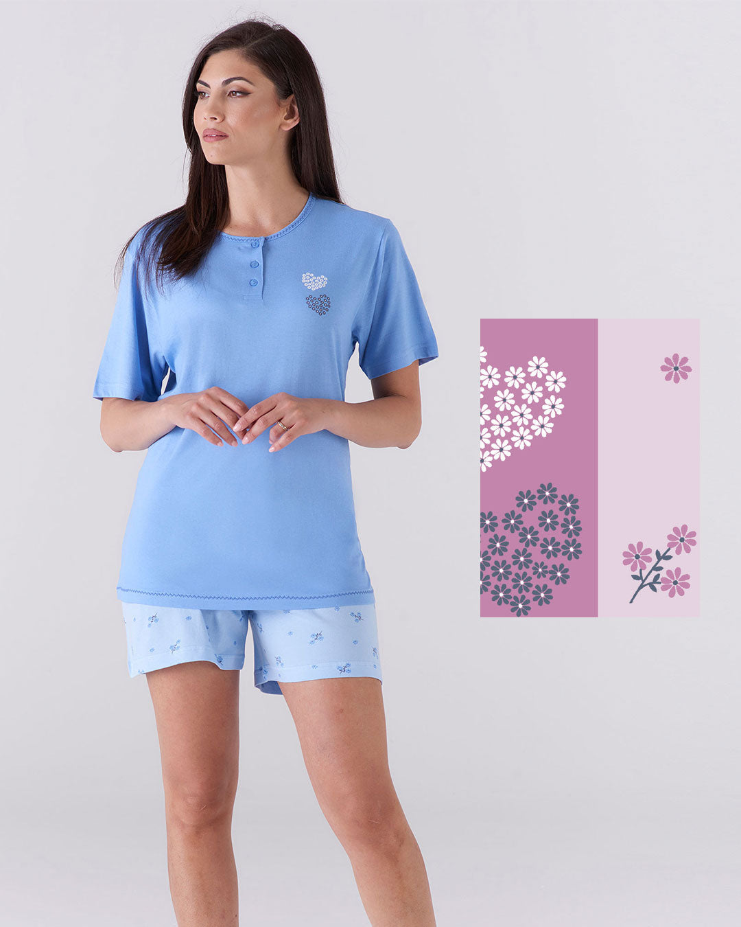 Pigiama donna corto - fantasia cuori floreali