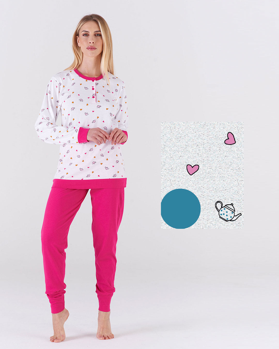 Pigiama lungo donna fantasia cuori e teiera