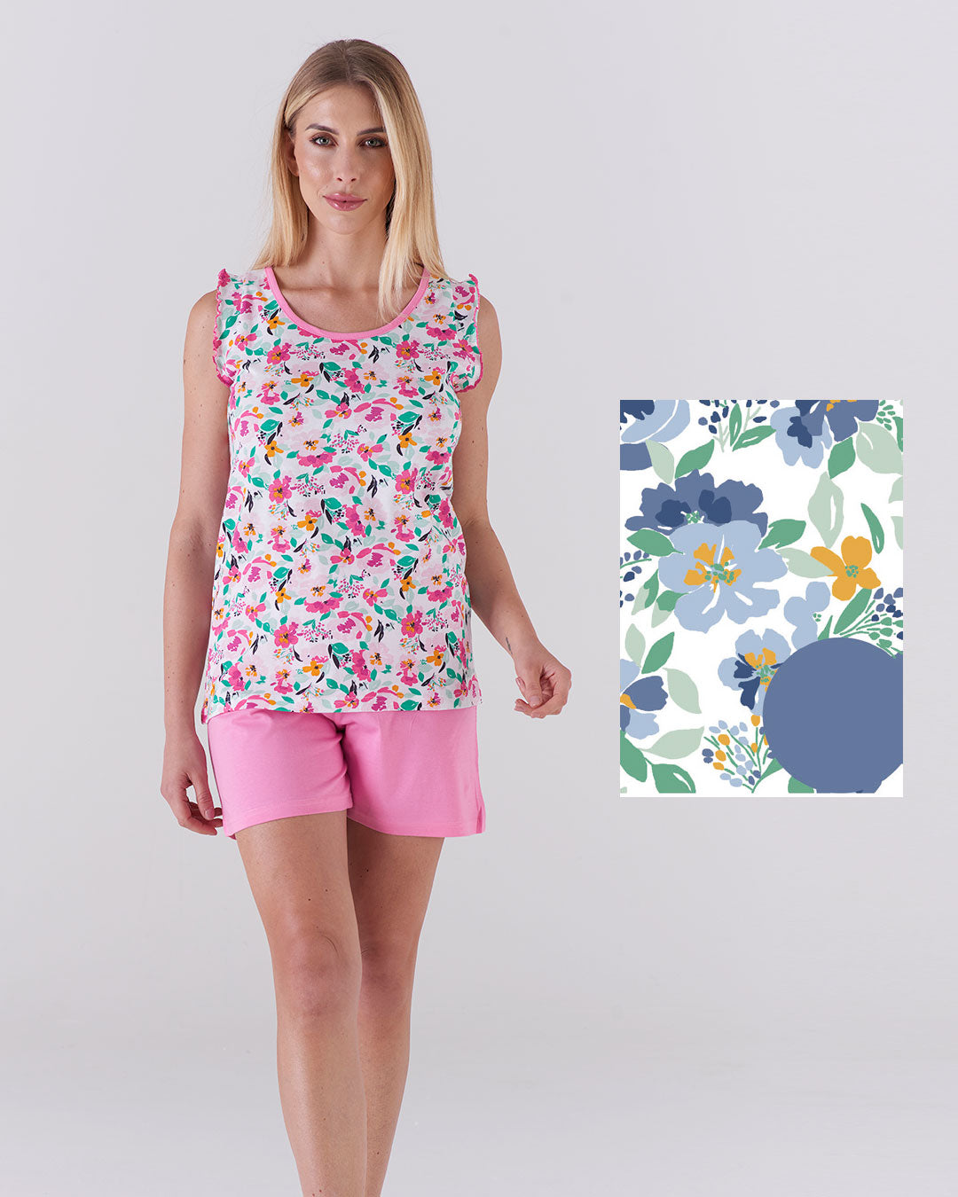 Pigiama donna top giromanica e pantalone corto - fantasia floreale