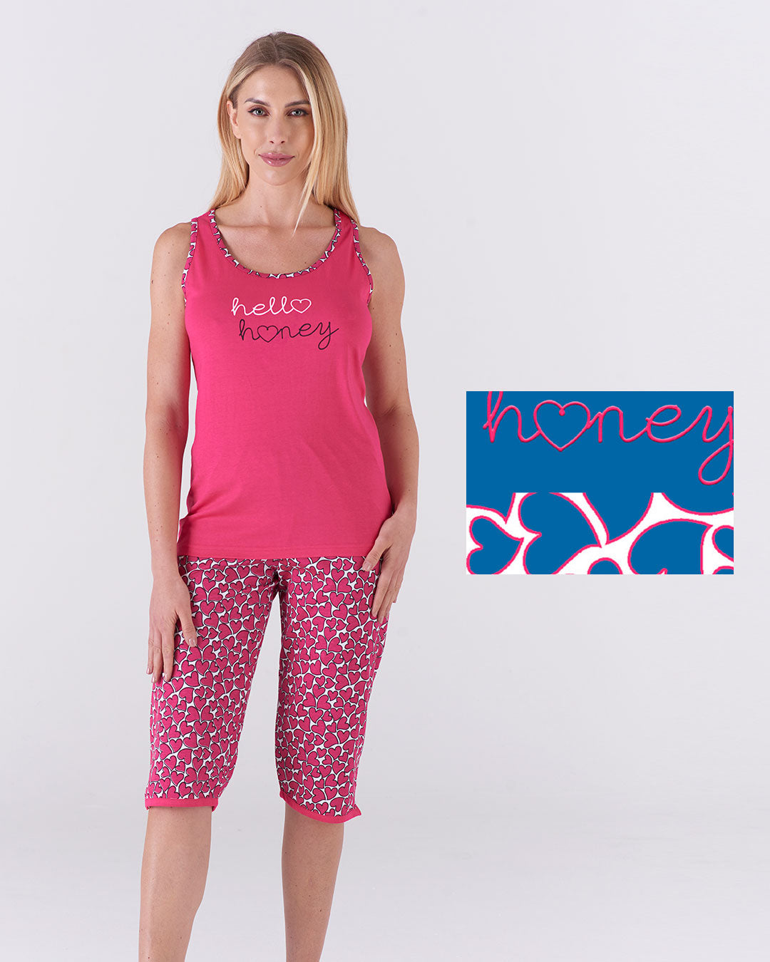 Pigiama donna top giromanica e pantalone pinocchietto - fantasia cuori