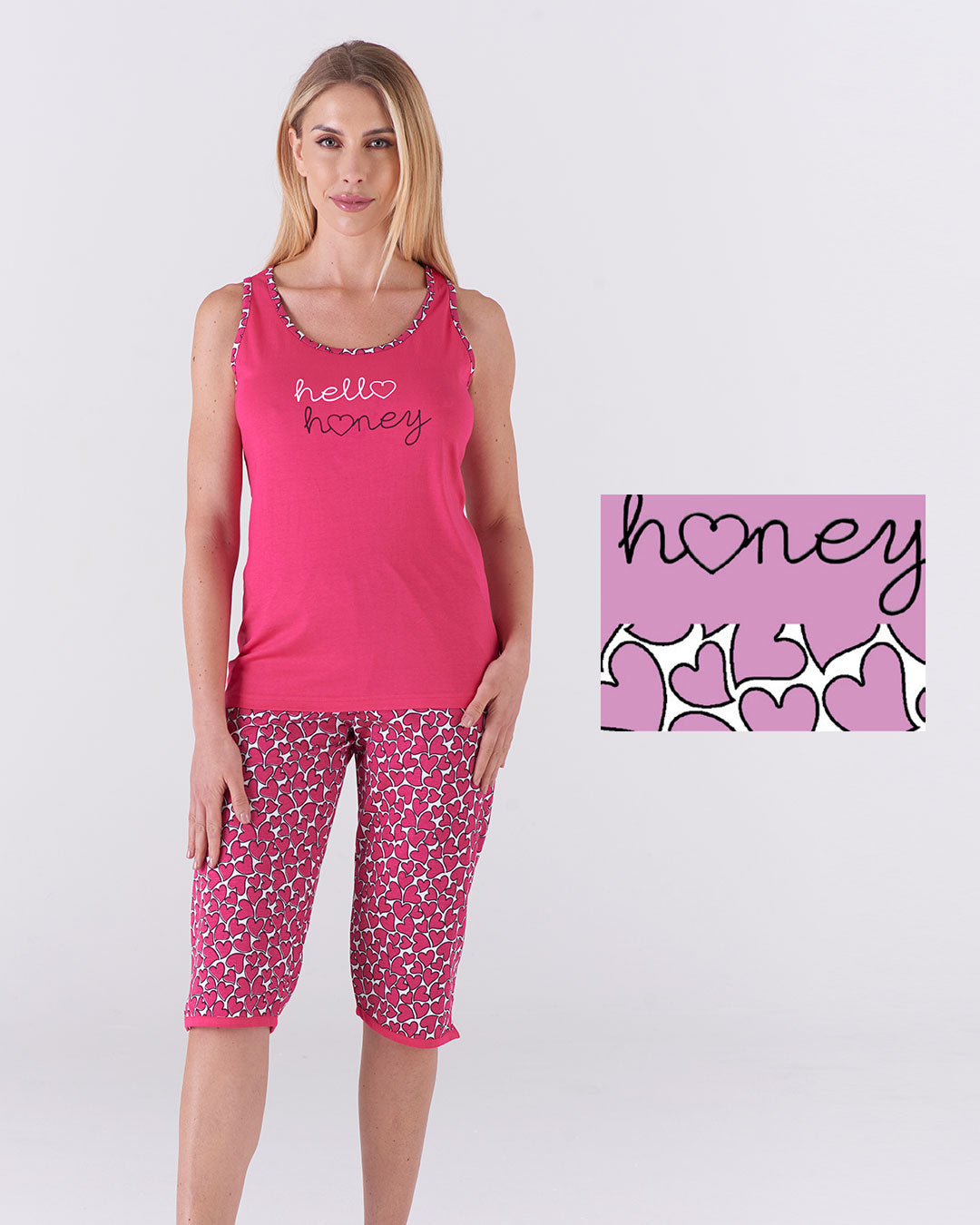 Pigiama donna top giromanica e pantalone pinocchietto - fantasia cuori