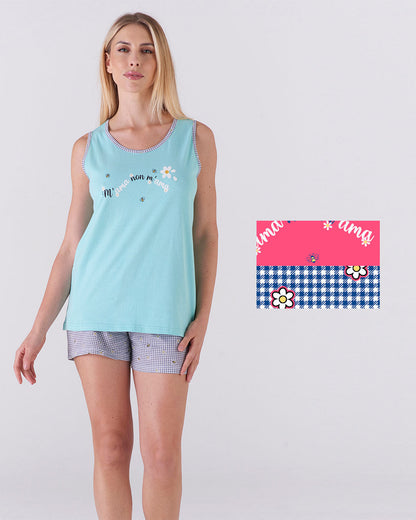 Pigiama donna top a giromanica e pantalone corto - "m'ama non m'ama"