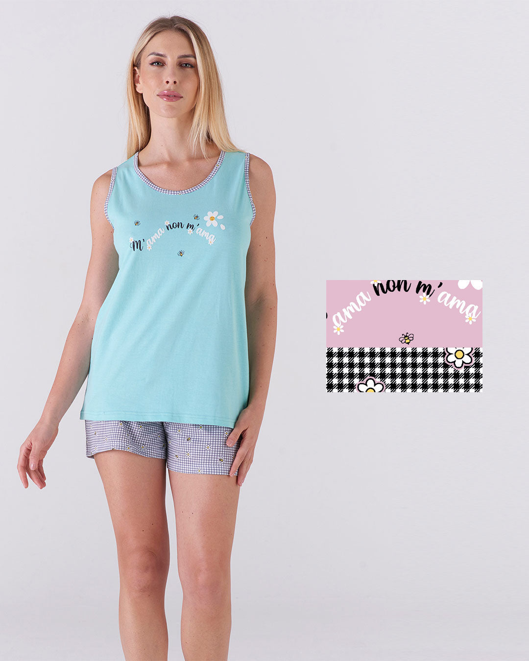 Pigiama donna top a giromanica e pantalone corto - "m'ama non m'ama"