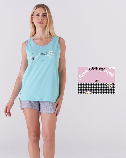 Pigiama donna top a giromanica e pantalone corto - "m'ama non m'ama"