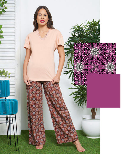 Pigiama donna top manica corta e pantalone lungo modello palazzo - fantasia etnica