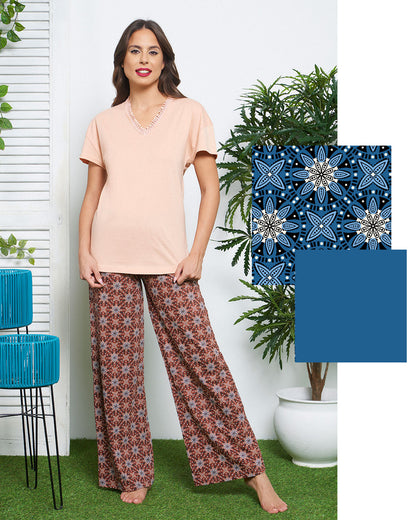 Pigiama donna top manica corta e pantalone lungo modello palazzo - fantasia etnica