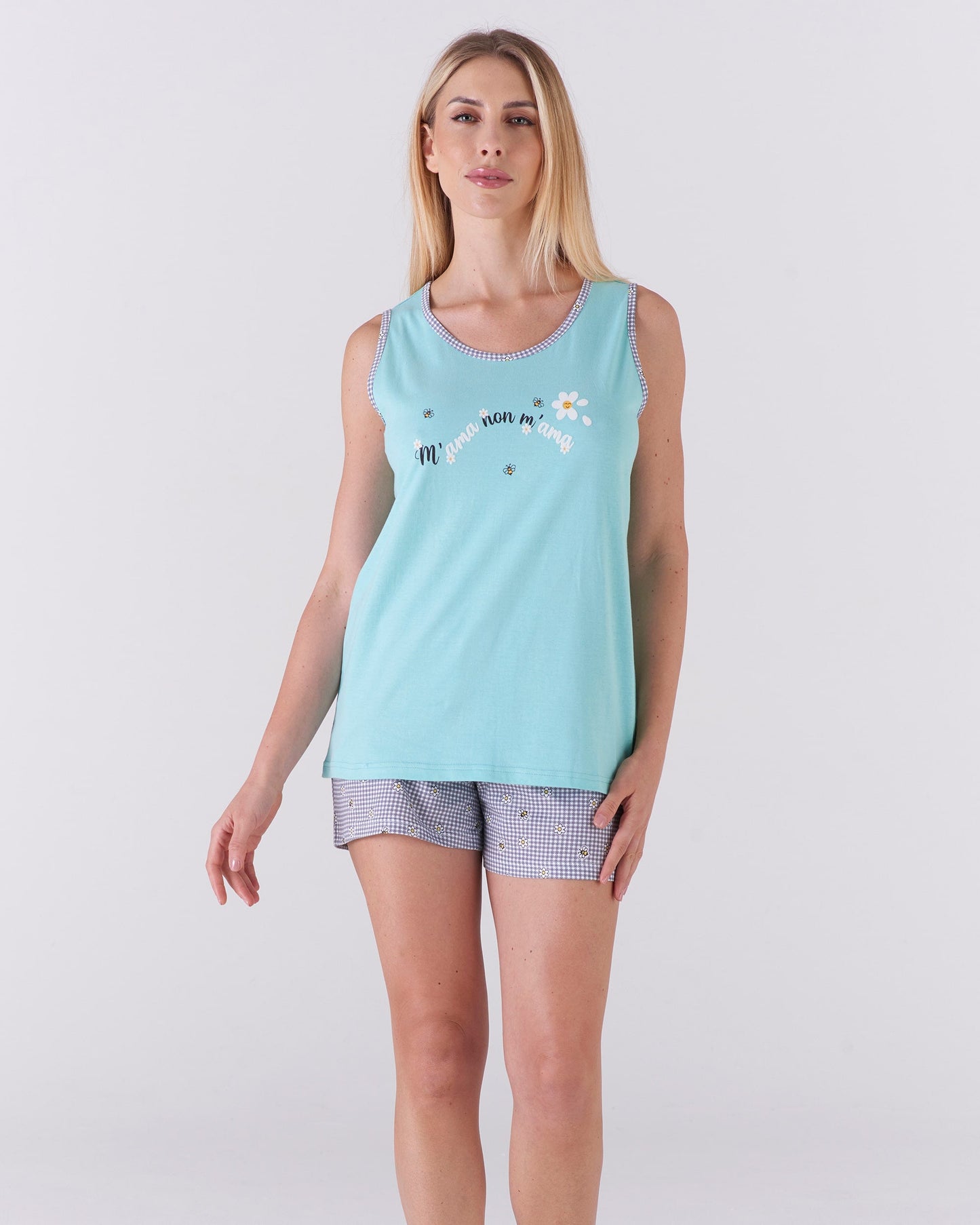 Pigiama donna top a giromanica e pantalone corto - "m'ama non m'ama"