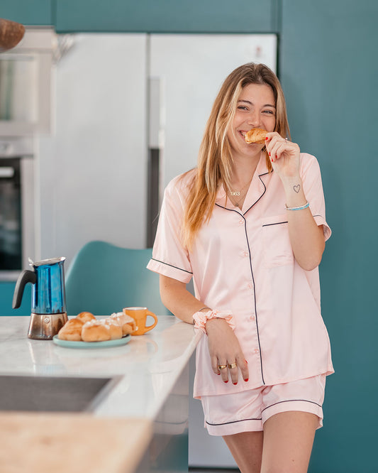 Pigiama donna maglia aperta a maniche corte e pantalone corto - Elegance rosa