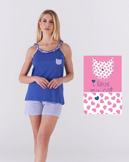 Pigiama donna top bretelline e pantalone corto - "I love my cat"